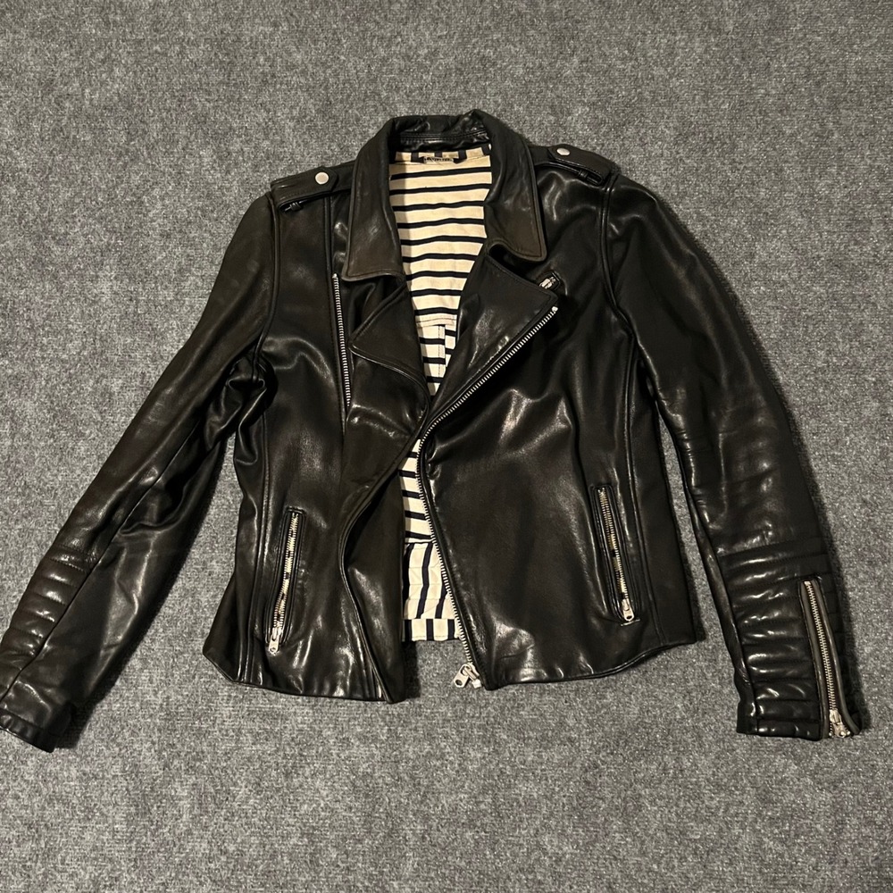 Scotch & Soda Black Leather Biker Jacket Size 2 Asymmetrical Zip Moto